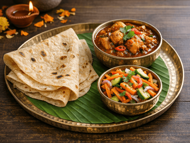 2 Chappati with One Bowl Chicken Curry and One Bowl of Carrot and Cucumber Salad